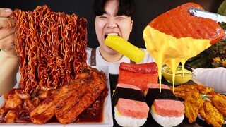 ASMR MUKBANG 짜파게티 떡볶이 & 치즈 통스팸 & 양념 치킨먹방! BLACK Noodle & FRIED CHICKEN & CHEESE SPAM EATING SOUND!