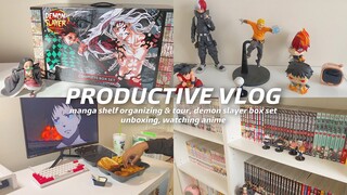 productive vlog : manga shelf organizing & tour, demon slayer boxset unboxing, watching anime !
