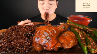 Mukbang mì tương đen, đùi gà và ớt xanh p1 #anngon