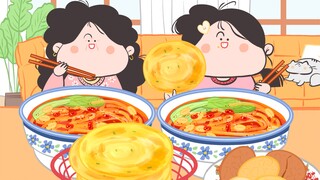 -Yanghuahua animation mukbang｜Mẹ con tôi đắm chìm trong mì chua nóng, bánh rán và trà trứng~