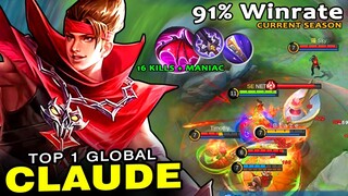 91% Winrate S18! 16 Kills + Maniac | Top 1 Global Claude Best Build & Gameplay ~ Mobile Legends