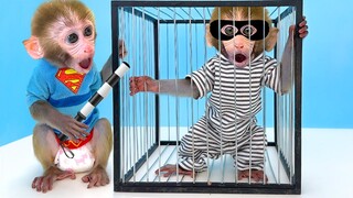 Monkey Baby Bon Bon chases the thief with the police and eats sandwich so yummy