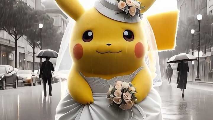 Pikachu wears a wedding dress