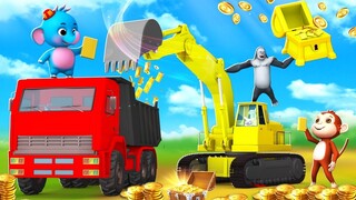 Monkey Fat Elephant with JCB Excavator Transporting Gold Treasure | Funny Animals Comedy Videos 3D