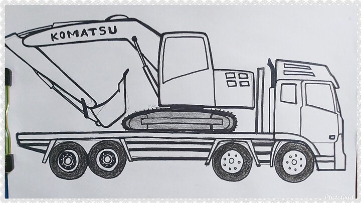 Cara Mudah Menggambar Mobil Truk Mengangkut Alat Berat Excavator | Tutorial Indonesia