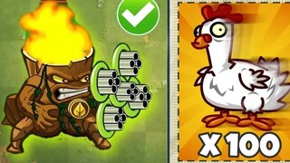 Tantangan PvZ 2 - Semua tanaman level 1 melawan 100 zombie ayam menggunakan 1 power-up - siapa yang 