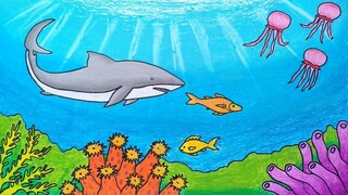 Cara menggambar dan mewarnai ikan || Menggambar pemandangan bawah laut