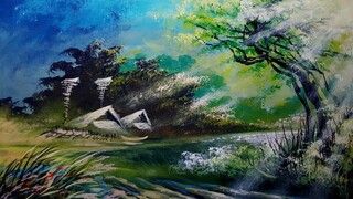 Cara Melukis Pemandangan Desa dan Sungai - Acrylic Painting