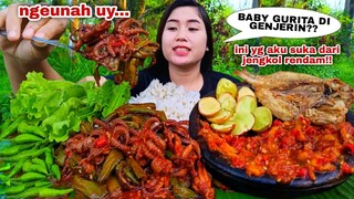 OSENG MERCON BABY GURITA + GENJER IKAN ASIN BATU LALAPAN JENGKOL MENTAH CABE RAWIT KECIPIR MENTAH