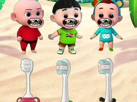 红色牙刷给红色衣服，小孩刷牙