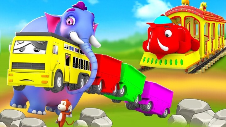 Elephant Train Helps Bus Train Fruits Vegetables Transport Monkey Gorilla Fun | 3D Funny Animals