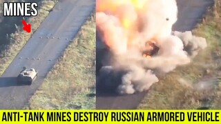 Ukrainian anti-tank mines destroy Russian MT-LB armored vehicle.