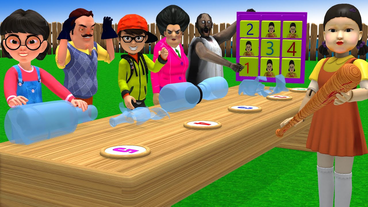 Scary Teacher 3D vs Squid Game Glass Bottles Rolling Wooden Steps