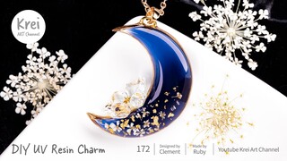 【UV レジン】青い三日月イヤリングを作りました♪ドライフラワーも使います〜 UV Resin - DIY Blue Crescent Earring with Dried Flower.