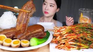 JMT 통돼지고기조림★ 집 파김치 & 흰쌀밥 먹방 ASMR MUKBANG | Whole Braised Pork Belly(Kakuni) Spicy Green Onion Kimchi