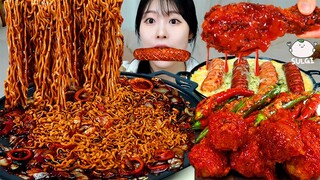 ASMR MUKBANG| 직접 만든 짜왕 양념치킨 고추김치 먹방 & 레시피 FRIED CHICKEN AND BLACK BEAN NOODLES EATING