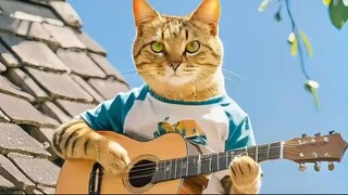 cat singing song with guitar