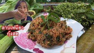ลาบเหนียวกุ้งสด ผักกะเดาขมๆ วิถีบ้านๆ