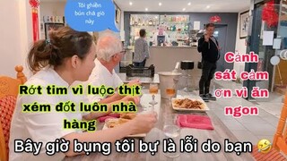 Ăn bún chả giò mì xào giòn/luộc thịt xém đốt luôn nhà hàng/khách cảm ơn vì ăn ngon/cuộc sống pháp