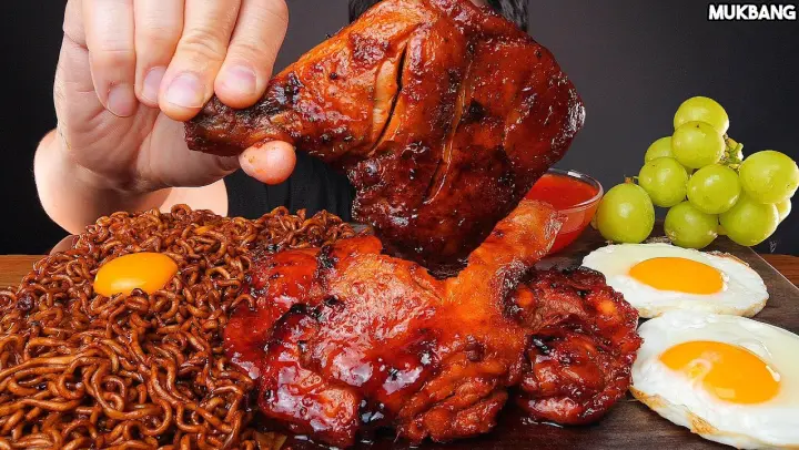 ASMR MUKBANG | BBQ CHICKEN 🍗 BLACK BEAN NOODLES EATING 짜파게티 자메이카 통다리구이 소스 퐁당! 먹방