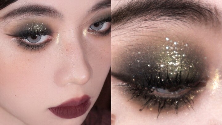 Christmas Retro Smoky / Dark Night Green Spider Gold Foil Contrasting Eye Makeup