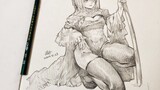 Menggambar Gadis Manga Seksi yang Memegang Pedang dengan Pensil 2B