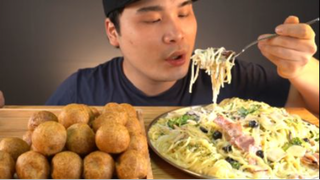 mukbang ăn phô mai viên và mý Ý sốt kem và thịt hun khói béo ngậy #amthuc #monngon