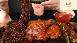 Mukbang mì tương đen, đùi gà và ớt xanh p3 #anngon