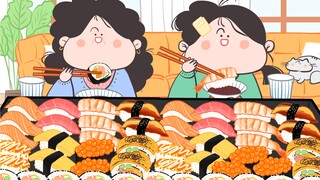 -Yanghuahua Animation Mukbang｜แม่ของฉันและฉันดื่มด่ำกับซูชิมื้อเย็น~