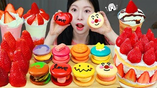 ASMR MUKBANG| 딸기 디저트 딸기 케이크 마카롱 먹방 & 레시피 DESSERT ICE CREAM MACARONS EATING