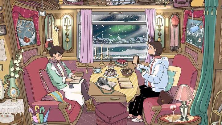 [Watching the aurora in a moving train carriage on a snowy night] 45-minute sedentary reminder//Soun