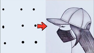 Girl with face Mask Drawing | Best friend Drawing | How to Draw a Girl with MASK| Girl dots drawing