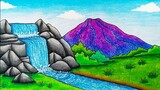 Menggambar gunung dan air terjun || Cara menggambar dan mewarnai pemandangan alam