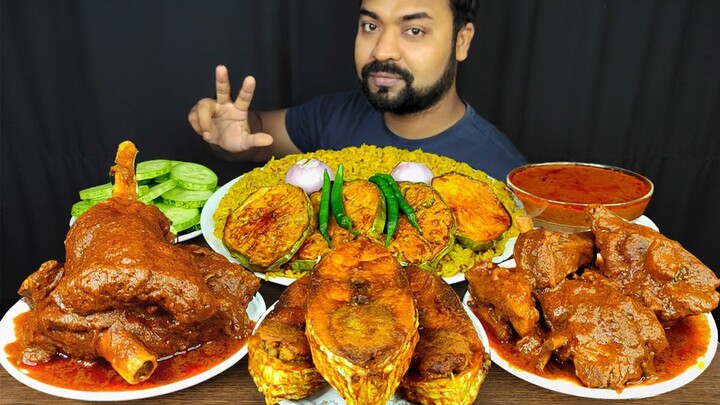 SPICY MUTTON CURRY, BHUNA KHICHURI, HILSA FISH FRY, BRINJAL FRY, SALAD ASMR MUKBANG EATING SHOW ||