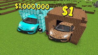 ถ้าเกิดว่า!! บ้านเก็บรถ คนรวย $1,000,000 เหรียญ VS บ้านเก็บรถ คนจน $1 เหรียญ - (Minecraft)