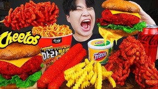 ASMR MUKBANG 직접 만든 치토스 햄버거 치즈스틱 불닭볶음면 핫도그 먹방 & 레시피 FIRE NOODLES AND BURGER EATING SOUND!