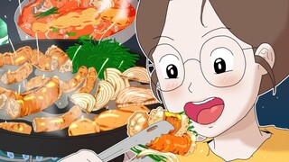 [Food Animation] Grill pork intestines at home and cook pork intestines hot pot soup with udon noodl