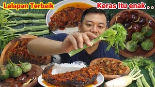MUKBANG LALAPAN BATANG DAUN PEPAYA MENTAH JENGKOL MENTAH IKAN ASIN  IKAN PATIN SAMBAL PEDAS #asmr
