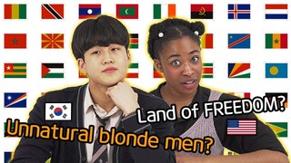 Korean teen and American describe 11 countries in ONE sentence/word!!