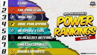 TEAM STANDINGS and POWER RANKINGS as of WEEK 5 of MPL-PH Season 9