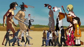 Chainsaw Man vs Attack On Titan, SquidGame, Siren Head Familly . Drawing Cartoon 2