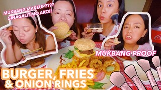 MUKBANG WHILE MAKE UP??? MAKE UP WHILE MUKBANG??? | BURGER, FRIES AND ONION RINGS