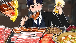 🍜打工人美食动画：下班后沉浸式体验肉汁满满的五花肉 SSIKBBANG Toon