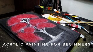 RED LEAFY TREE ON A BLACK CANVAS || ACRYLIC PAINTING