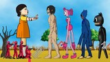 Squid Game vs Eren TItan, Mommy Long Leg, Cartoon Cat, Huggy Wuggy - Drawing Cartoon 2
