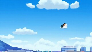 Nobita dan Doraemon duduk di atas awan putih lembut untuk menonton pertemuan olahraga