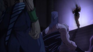 Bobo is caught in the middle of the stairs by DIO and his boss