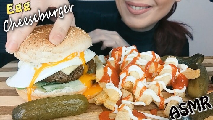 ASMR Eating Sounds: Homemade Egg Cheeseburger with Fries & Pickles | No Talking