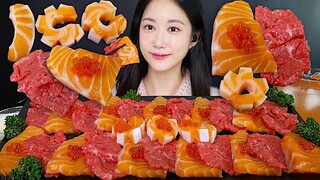 [ONHWA] 三文鱼刺身 + 生牛肉 咀嚼音!  还有鲑鱼子！