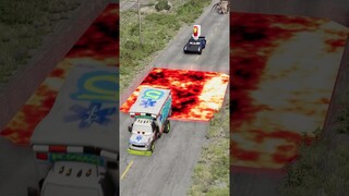 Dumb Cars Crossing Pit with Lava on Bollard Bridge | BeamNG.Drive